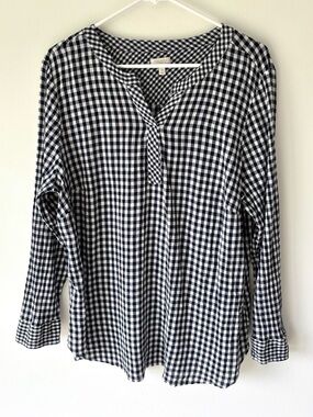 Talbots Long Sleeve Black White Plaid Gingham Check Cotton Top Cottagecore